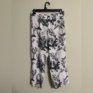Joie Crop Pants Wide Leg Linen Tree Printed Ivory/Black Pockets Size 12 High New